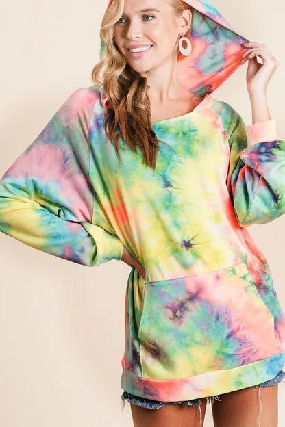 BiBi Tie Dye Terry Hoodie with Kangaroo Pocket - Blu Lotus Boutique