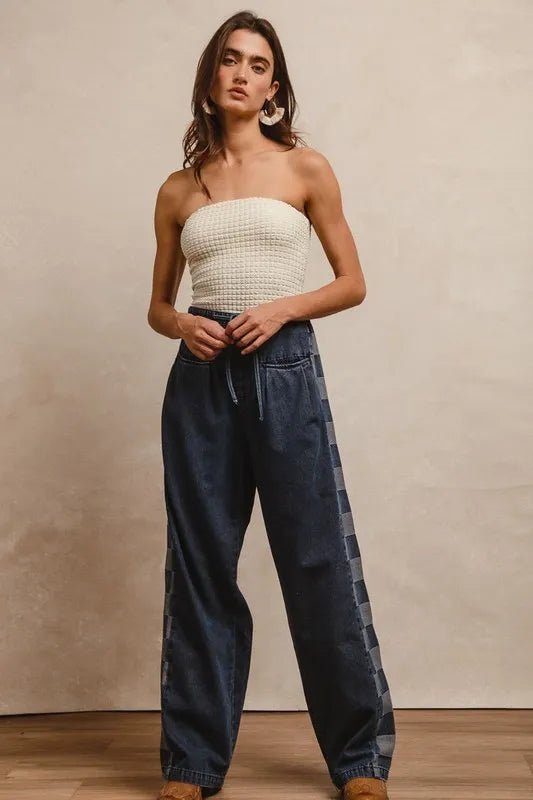 BiBi Washed Denim Mix And Match Long Pants - Blu Lotus Boutique