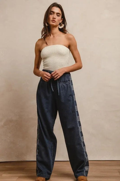 BiBi Washed Denim Mix And Match Long Pants - Blu Lotus Boutique