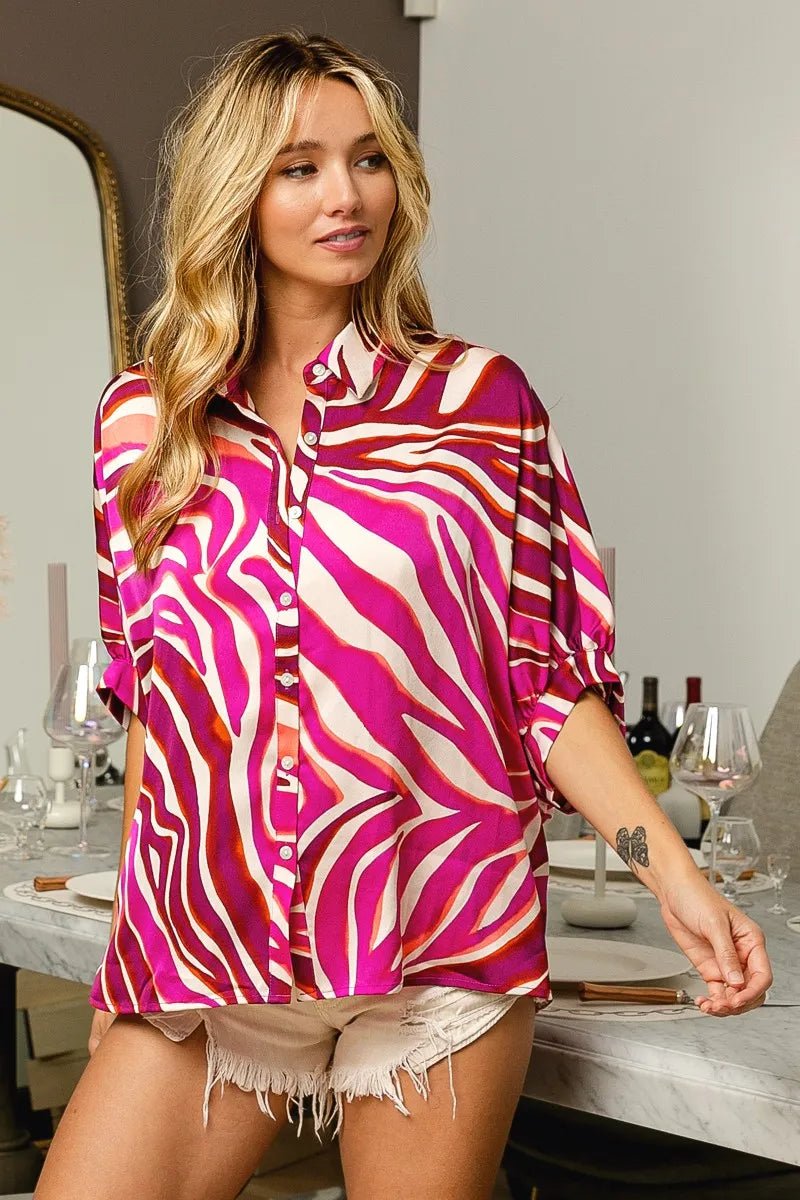 BiBi Zebra Dolman Silky Satin Shirt Top - Blu Lotus Boutique