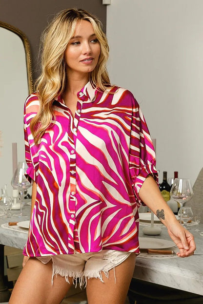 BiBi Zebra Dolman Silky Satin Shirt Top - Blu Lotus Boutique