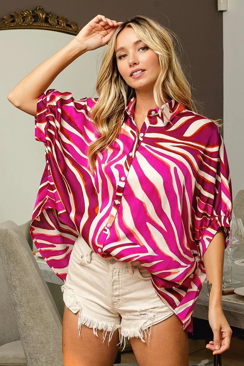 BiBi Zebra Dolman Silky Satin Shirt Top - Blu Lotus Boutique