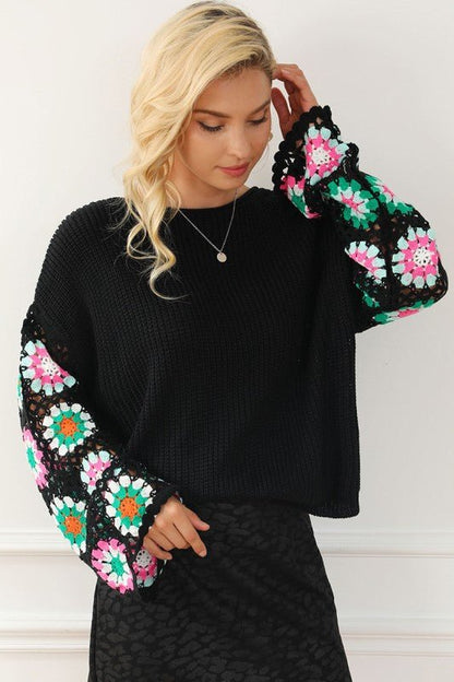 Black Floral Crochet Bell Sleeve Loose Sweater - Blu Lotus Boutique