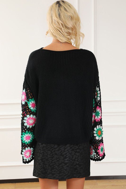 Black Floral Crochet Bell Sleeve Loose Sweater - Blu Lotus Boutique
