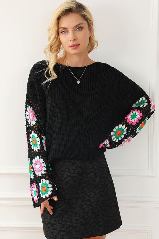 Black Floral Crochet Bell Sleeve Loose Sweater - Blu Lotus Boutique