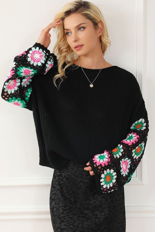 Black Floral Crochet Bell Sleeve Loose Sweater - Blu Lotus Boutique