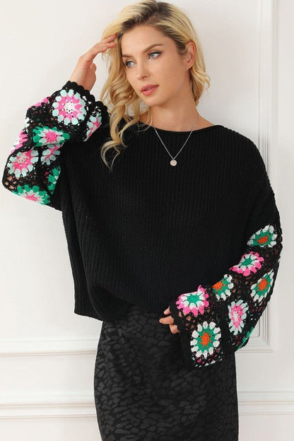 Black Floral Crochet Bell Sleeve Loose Sweater - Blu Lotus Boutique