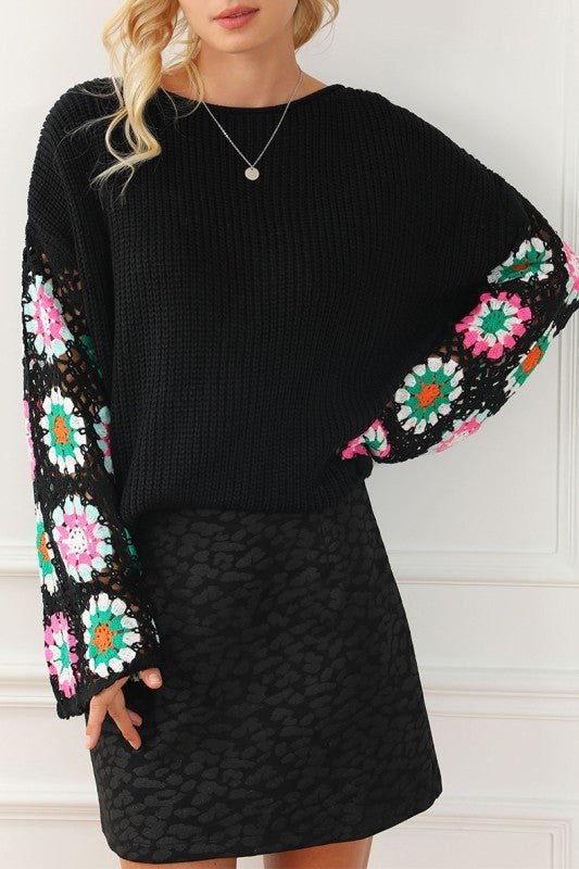 Black Floral Crochet Bell Sleeve Loose Sweater - Blu Lotus Boutique