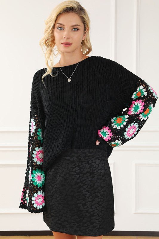 Black Floral Crochet Bell Sleeve Loose Sweater - Blu Lotus Boutique