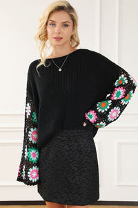 Black Floral Crochet Bell Sleeve Loose Sweater - Blu Lotus Boutique