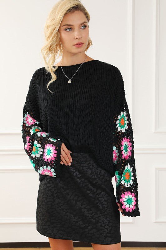Black Floral Crochet Bell Sleeve Loose Sweater - Blu Lotus Boutique