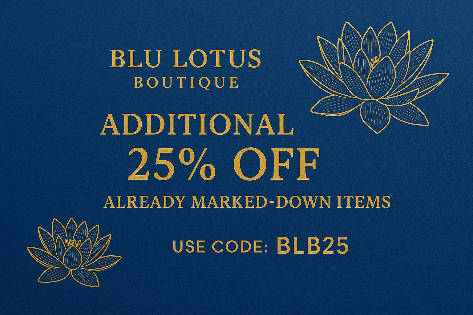 Blu Lotus Boutique banner with blue background, golden text, and two lotus flowers