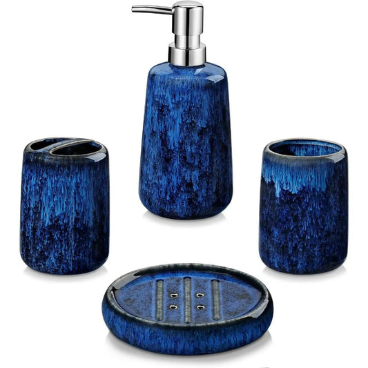 blue bathroom accessories set, ceramic soap dispenser and toothbrush holder sets, stoneware 4 pcs bathroom sink set for modern - Blu Lotus Boutique