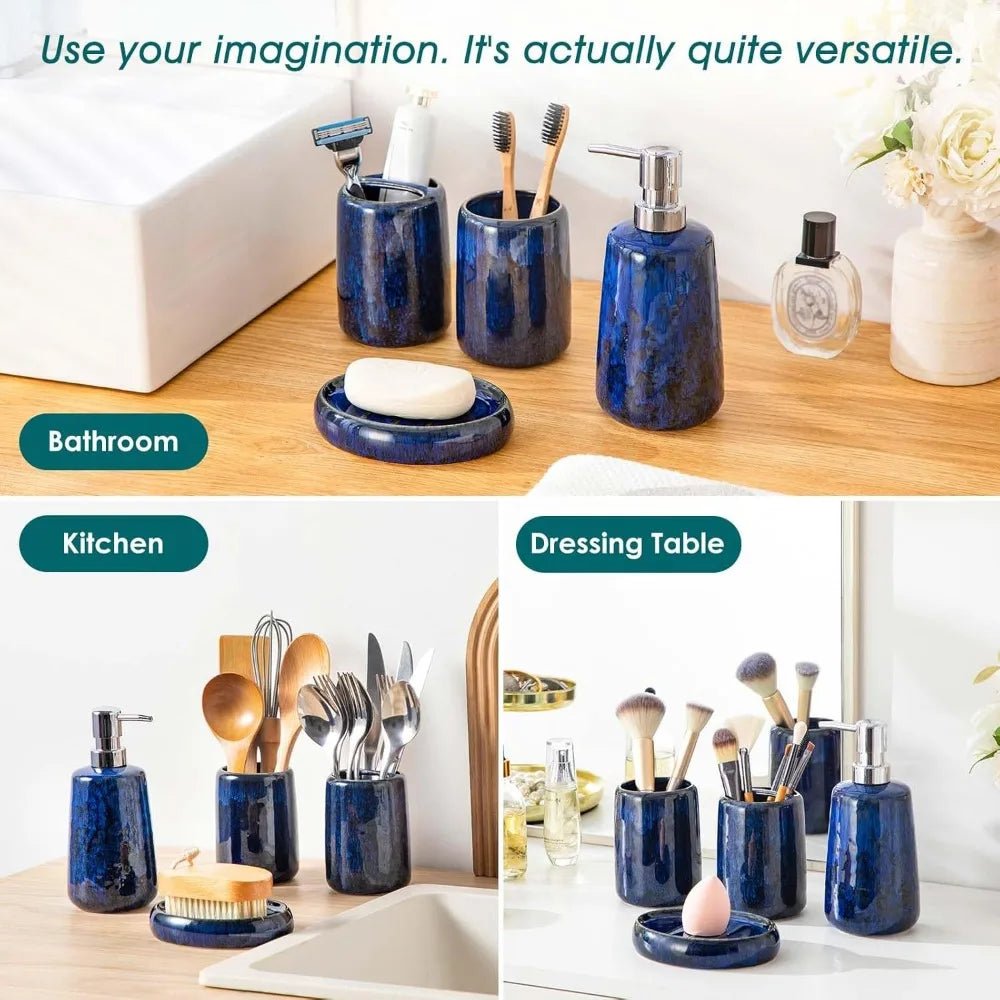 blue bathroom accessories set, ceramic soap dispenser and toothbrush holder sets, stoneware 4 pcs bathroom sink set for modern - Blu Lotus Boutique