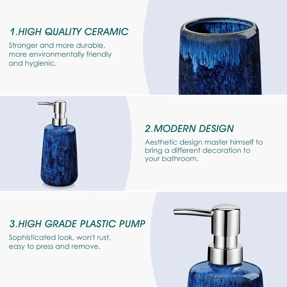 blue bathroom accessories set, ceramic soap dispenser and toothbrush holder sets, stoneware 4 pcs bathroom sink set for modern - Blu Lotus Boutique