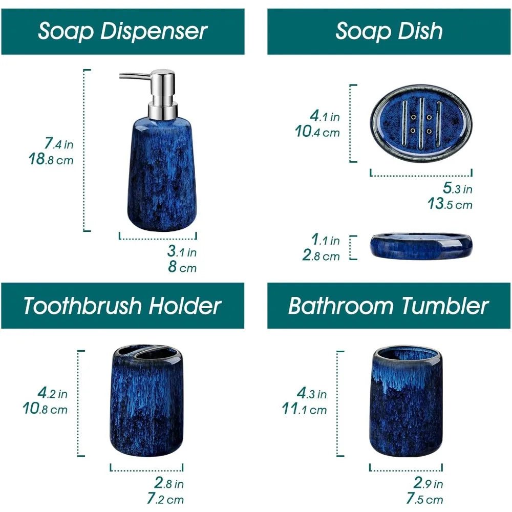 blue bathroom accessories set, ceramic soap dispenser and toothbrush holder sets, stoneware 4 pcs bathroom sink set for modern - Blu Lotus Boutique