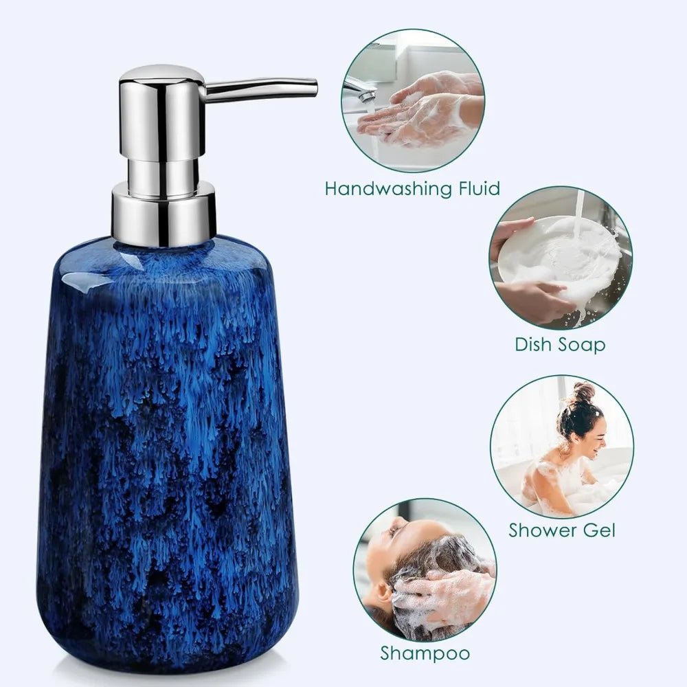 blue bathroom accessories set, ceramic soap dispenser and toothbrush holder sets, stoneware 4 pcs bathroom sink set for modern - Blu Lotus Boutique