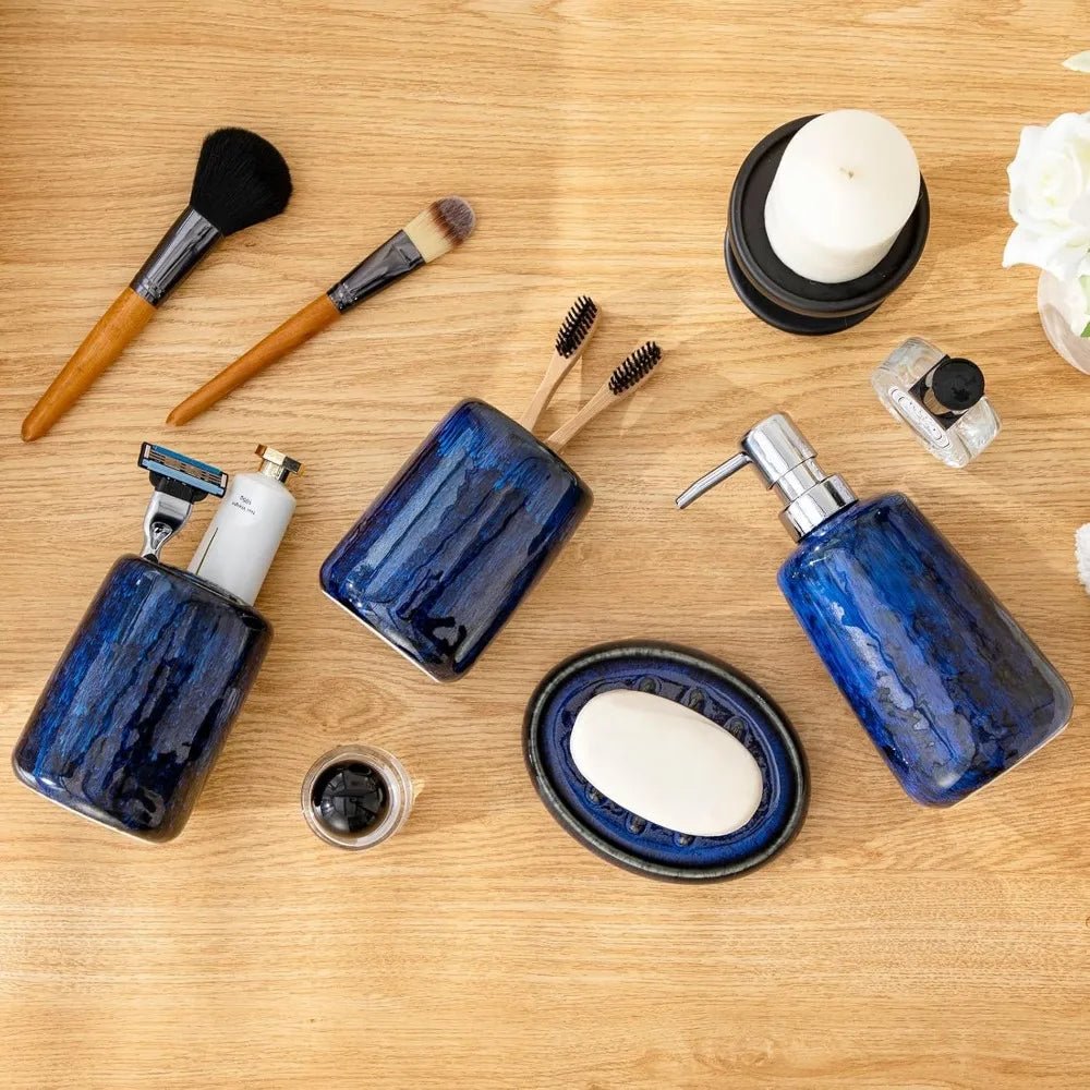 blue bathroom accessories set, ceramic soap dispenser and toothbrush holder sets, stoneware 4 pcs bathroom sink set for modern - Blu Lotus Boutique