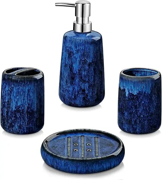 blue bathroom accessories set, ceramic soap dispenser and toothbrush holder sets, stoneware 4 pcs bathroom sink set for modern - Blu Lotus Boutique
