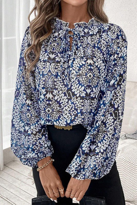 Blue Print Lace - up Frilled Neck Puff Sleeve Blouse - Blu Lotus Boutique