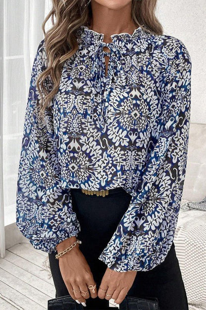 Blue Print Lace - up Frilled Neck Puff Sleeve Blouse - Blu Lotus Boutique
