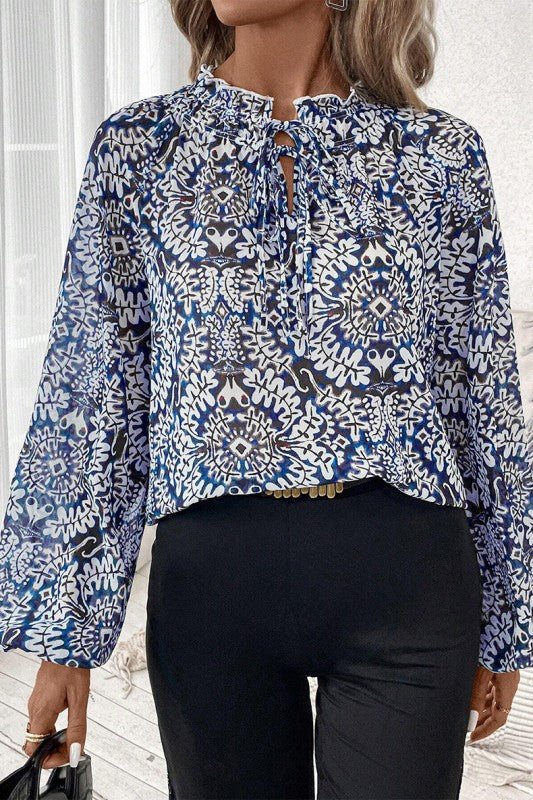 Blue Print Lace - up Frilled Neck Puff Sleeve Blouse - Blu Lotus Boutique