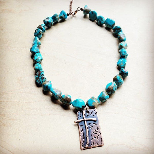 Blue Turquoise Collar Neck w/Copper Cross Pendant - Blu Lotus Boutique