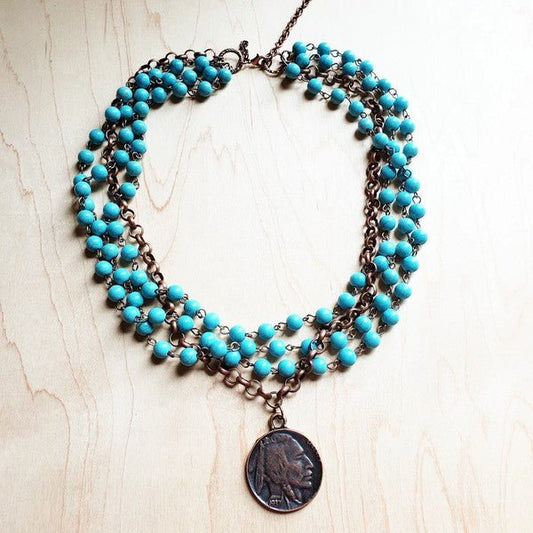 Blue Turquoise Collar Necklace with Indian Coin - Blu Lotus Boutique