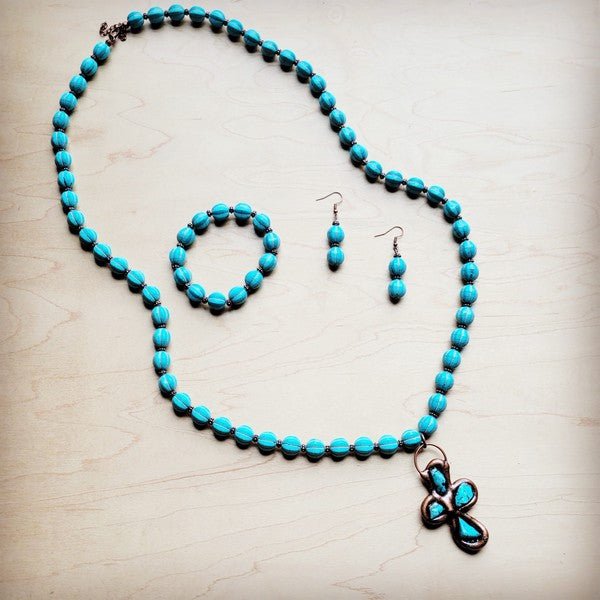 Blue Turquoise Melon BeadedNecklace w/Copper Cross - Blu Lotus Boutique