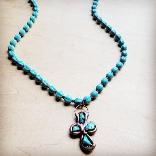 Blue Turquoise Melon BeadedNecklace w/Copper Cross - Blu Lotus Boutique