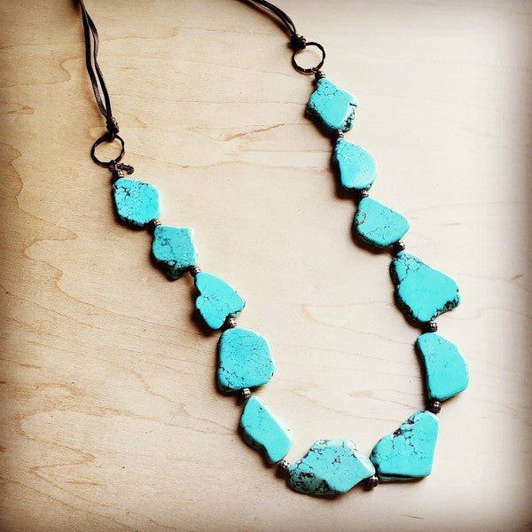 Blue Turquoise Slab Necklace with Leather Ties - Blu Lotus Boutique