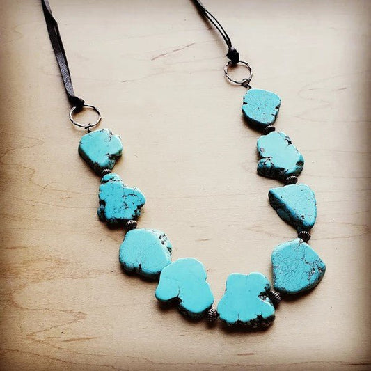 Blue Turquoise Slab Necklace with Leather Ties - Blu Lotus Boutique