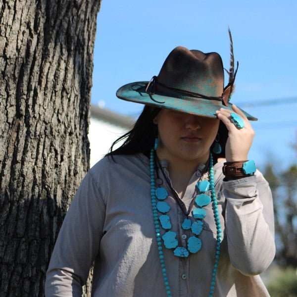 Blue Turquoise Slab Necklace with Leather Ties - Blu Lotus Boutique