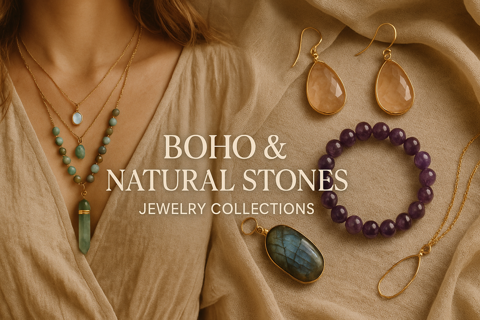 Boho and natural stones jewelry collections banner