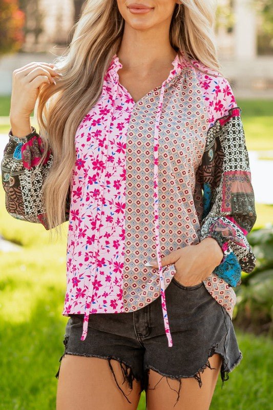 Boho Floral Patchwork Bubble Sleeve Blouse - Blu Lotus Boutique