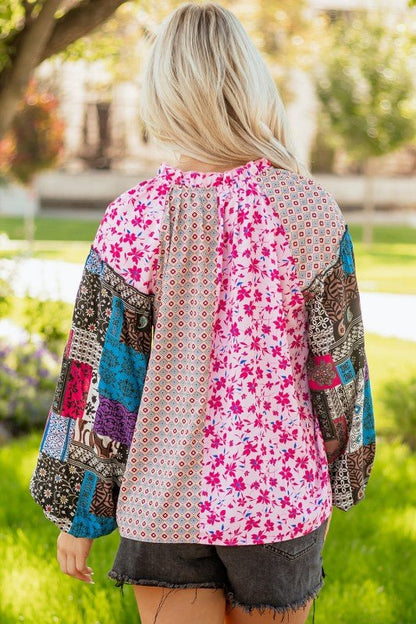 Boho Floral Patchwork Bubble Sleeve Blouse - Blu Lotus Boutique