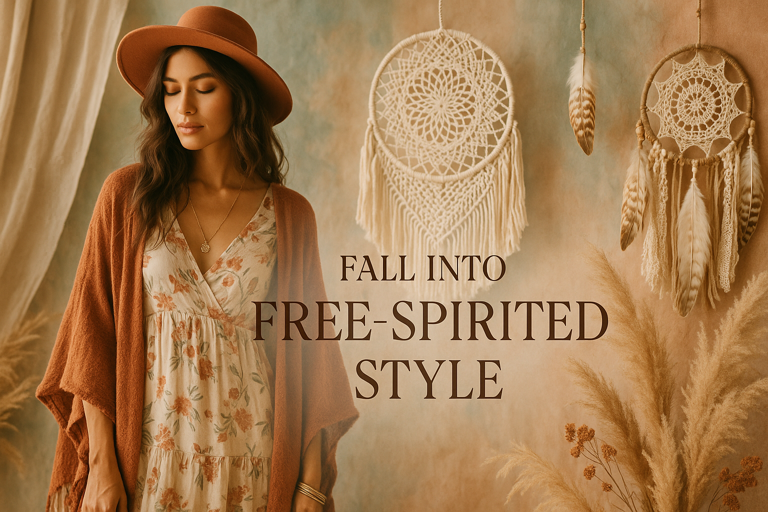 Boho style banner with only "Fall Into Free-Spirited Style" slogan