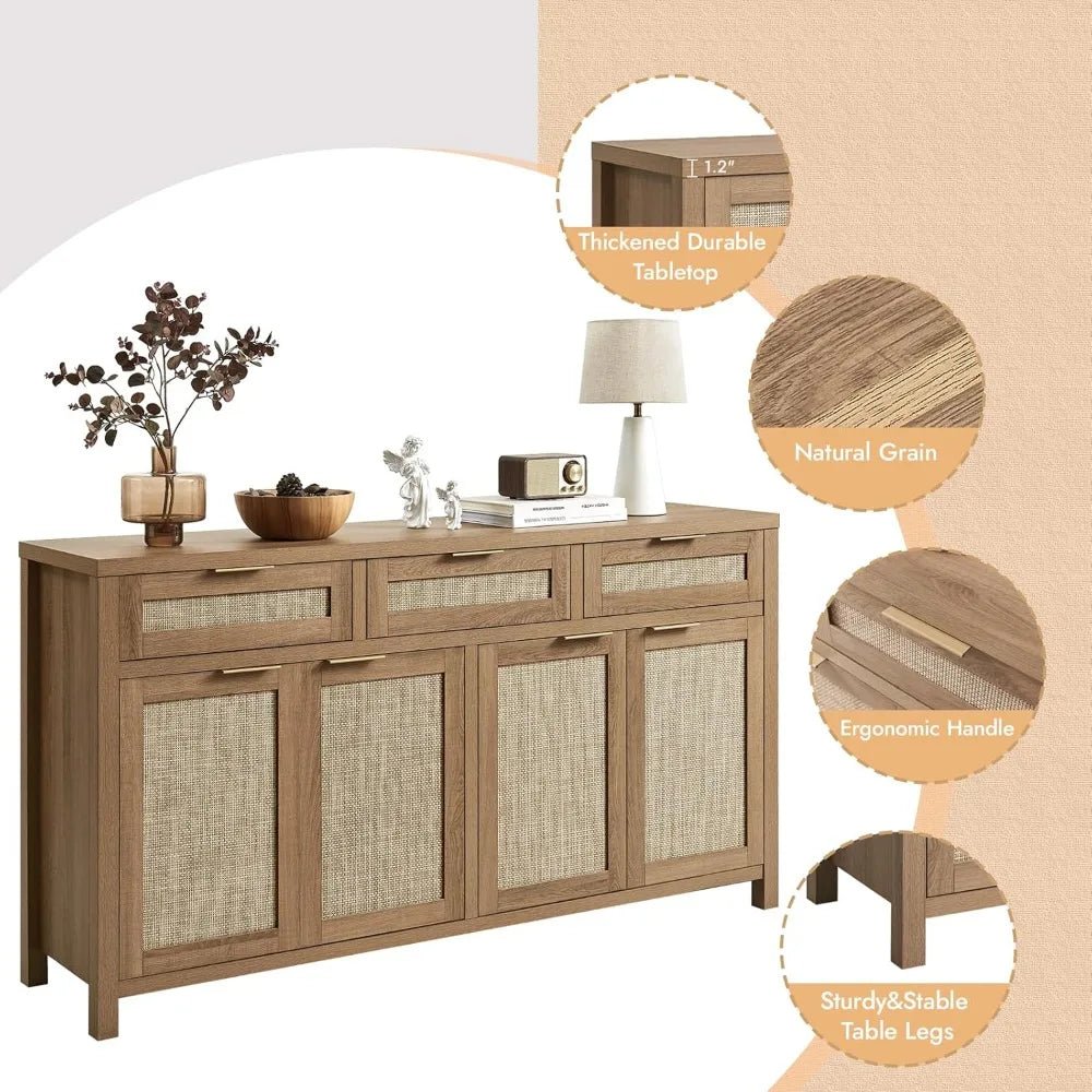 Boho Style Rattan Buffet Cabinet with Adjustable Shelves and 4 Doors, Farmhouse Credenza for Coffee and Storage - Blu Lotus Boutique