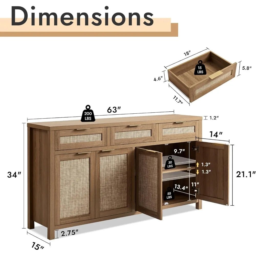 Boho Style Rattan Buffet Cabinet with Adjustable Shelves and 4 Doors, Farmhouse Credenza for Coffee and Storage - Blu Lotus Boutique