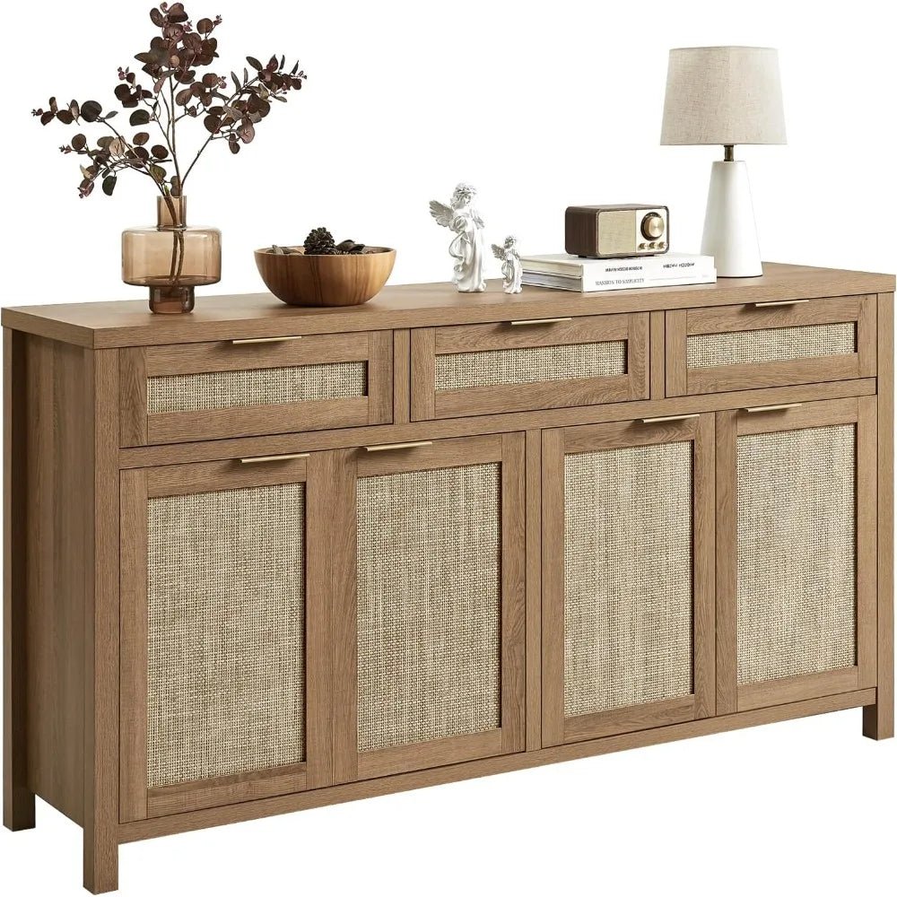 Boho Style Rattan Buffet Cabinet with Adjustable Shelves and 4 Doors, Farmhouse Credenza for Coffee and Storage - Blu Lotus Boutique