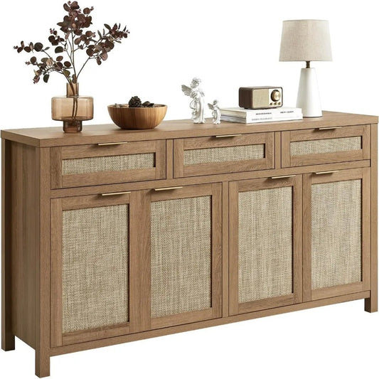 Boho Style Rattan Buffet Cabinet with Adjustable Shelves and 4 Doors, Farmhouse Credenza for Coffee and Storage - Blu Lotus Boutique
