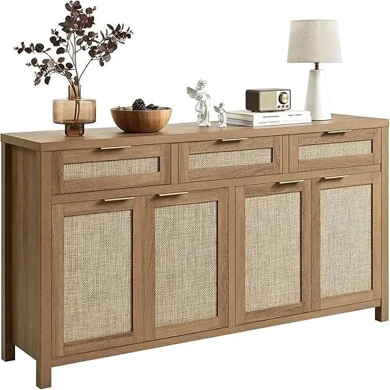 Boho Style Rattan Buffet Cabinet with Adjustable Shelves and 4 Doors, Farmhouse Credenza for Coffee and Storage - Blu Lotus Boutique