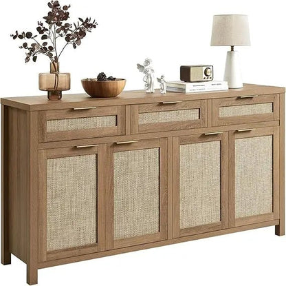 Boho Style Rattan Buffet Cabinet with Adjustable Shelves and 4 Doors, Farmhouse Credenza for Coffee and Storage - Blu Lotus Boutique