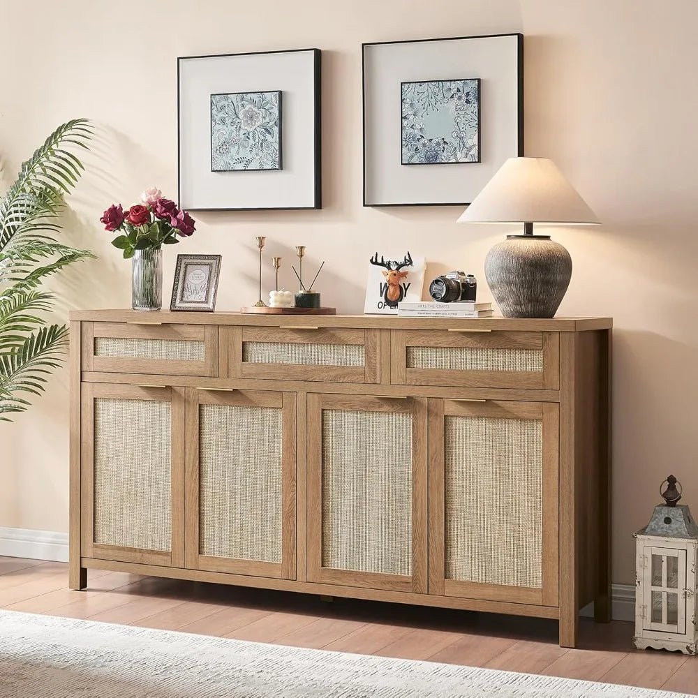 Boho Style Rattan Buffet Cabinet with Adjustable Shelves and 4 Doors, Farmhouse Credenza for Coffee and Storage - Blu Lotus Boutique