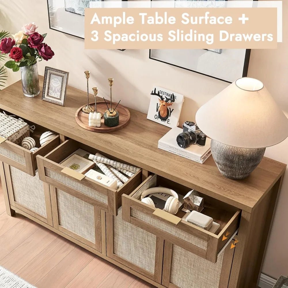 Boho Style Rattan Buffet Cabinet with Adjustable Shelves and 4 Doors, Farmhouse Credenza for Coffee and Storage - Blu Lotus Boutique
