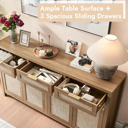 Boho Style Rattan Buffet Cabinet with Adjustable Shelves and 4 Doors, Farmhouse Credenza for Coffee and Storage - Blu Lotus Boutique