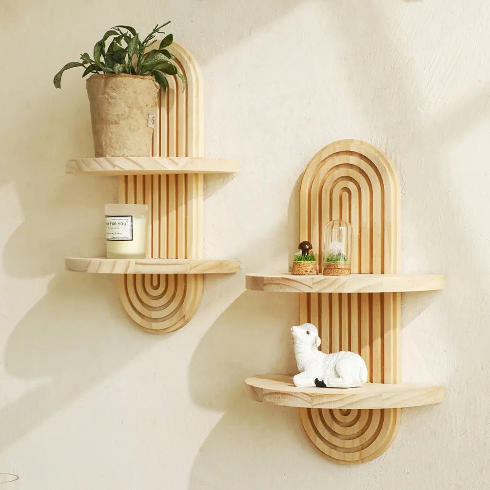 Boho Style Wooden Wall Mounted Shelves Plant Decorative Shelves Geometric Wall Natural Finish Modern Home Decor ﻿ - Blu Lotus Boutique