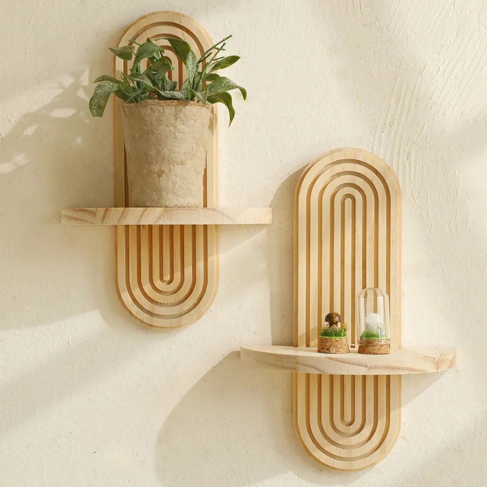 Boho Style Wooden Wall Mounted Shelves Plant Decorative Shelves Geometric Wall Natural Finish Modern Home Decor ﻿ - Blu Lotus Boutique