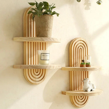 Boho Style Wooden Wall Mounted Shelves Plant Decorative Shelves Geometric Wall Natural Finish Modern Home Decor ﻿ - Blu Lotus Boutique