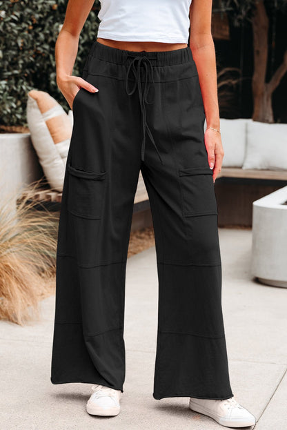 Bonbon Mineral Wash Exposed Seam Drawstring Elastic Waistband Wide Leg Cargo Pants - Blu Lotus Boutique